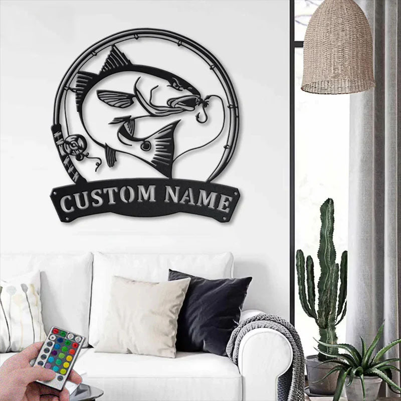 Personalized Red Drum Fishing Fish Pole Metal Wall Signs With RGB Led Light