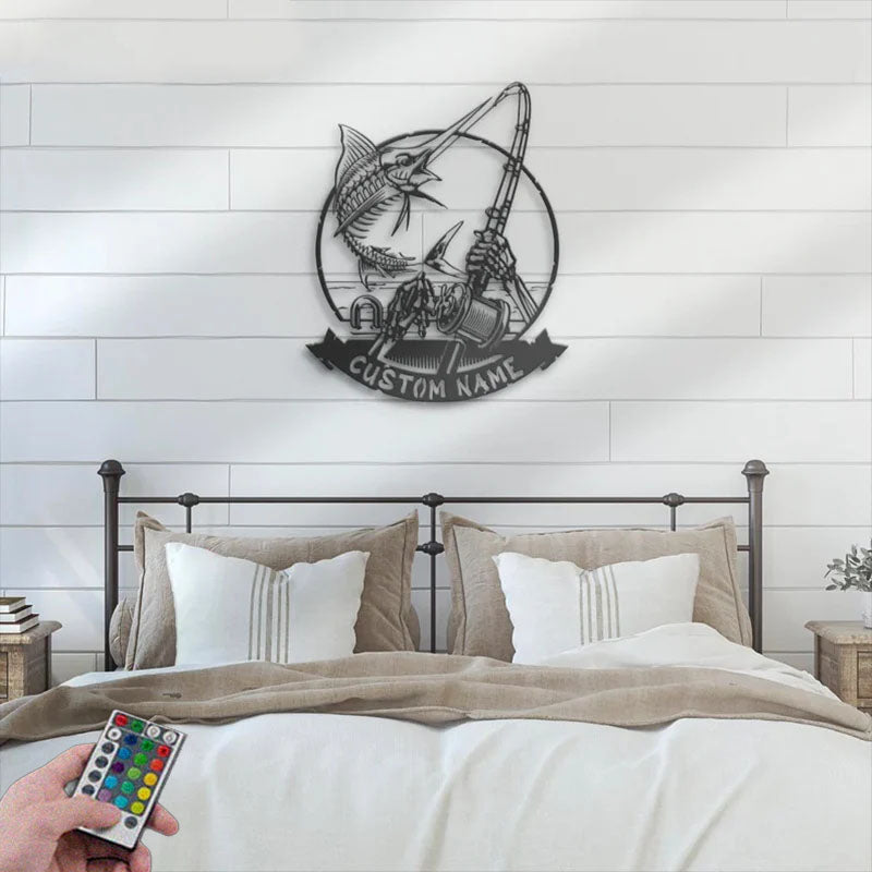 Personalized Skeleton Marlin Fishing Metal Wall Signs With RGB Led Light