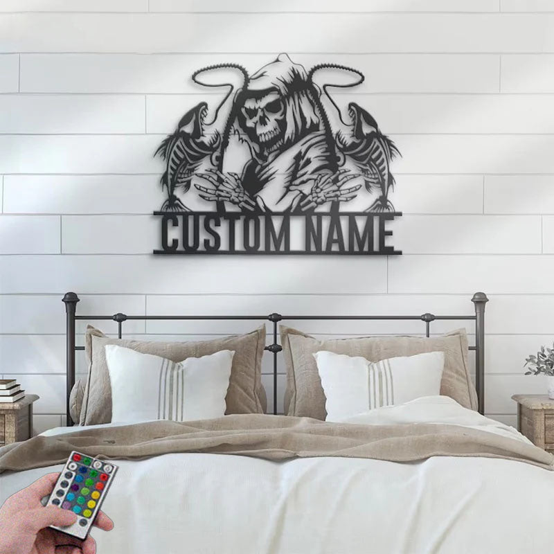 Personalized Skull Fishing Grim Reaper Metal Wall Signs With RGB Led Light