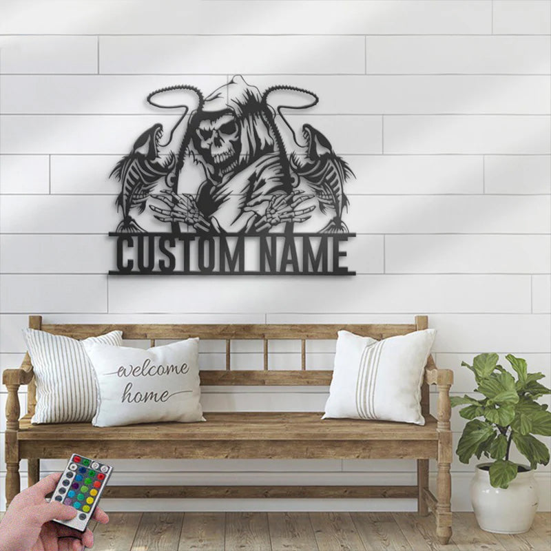 Personalized Skull Fishing Grim Reaper Metal Wall Signs With RGB Led Light