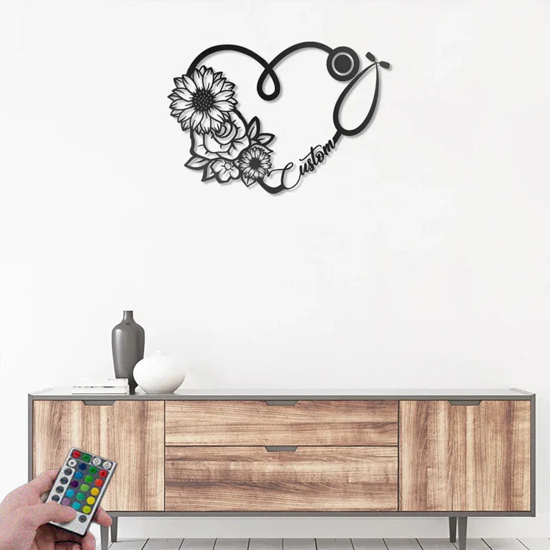 Personalized Sunflower And Rose Heart Stethoscope, Metal Wall Signs With RGB Led Light