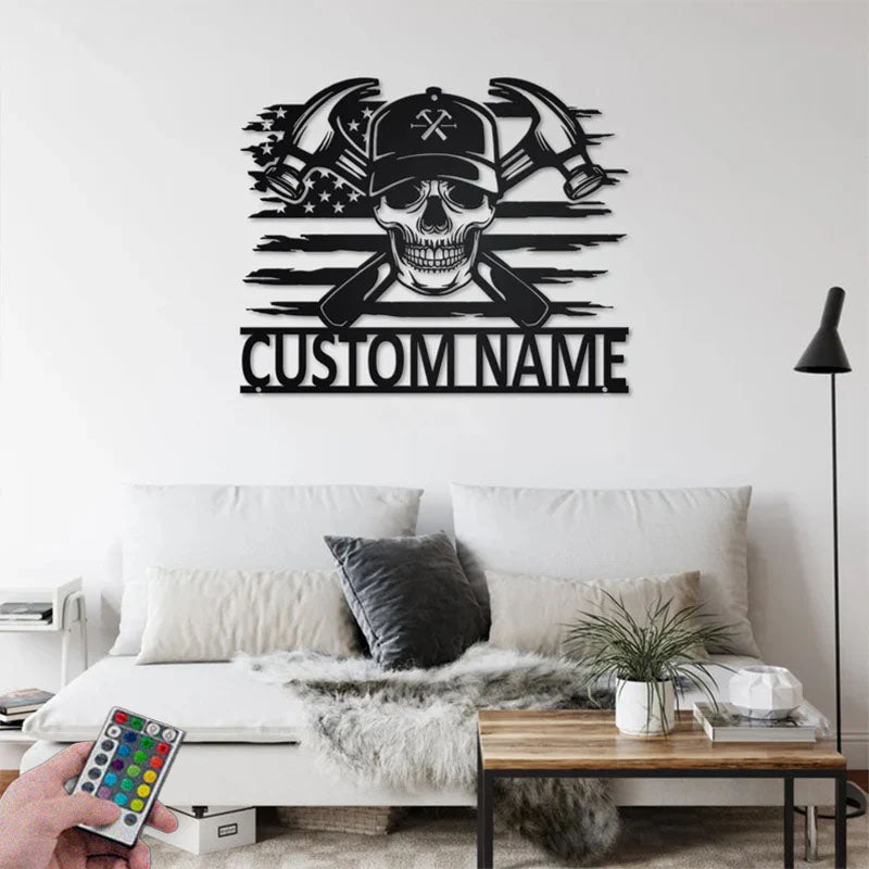 Personalized US Carpenter Skull Metal Wall Signs With RGB Led Light