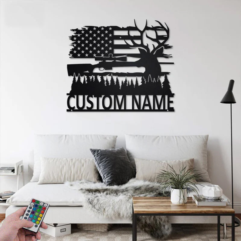 Personalized US Deer Hunting Metal Wall Signs With RGB Led Light