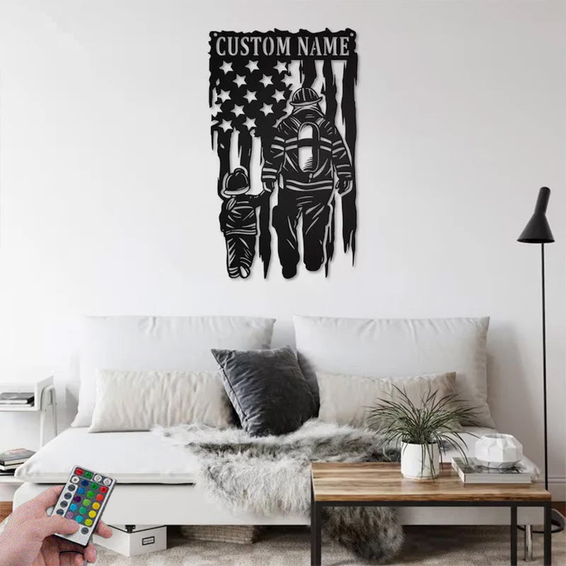 Personalized US Fire Fighter With Sons Name Sign Decoration For Room Metal Wall Signs With RGB Led Light