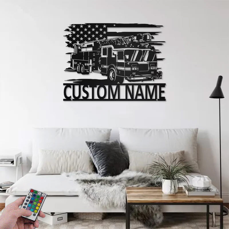 Personalized US Fire Truck Metal Metal Wall Signs With RGB Led Light
