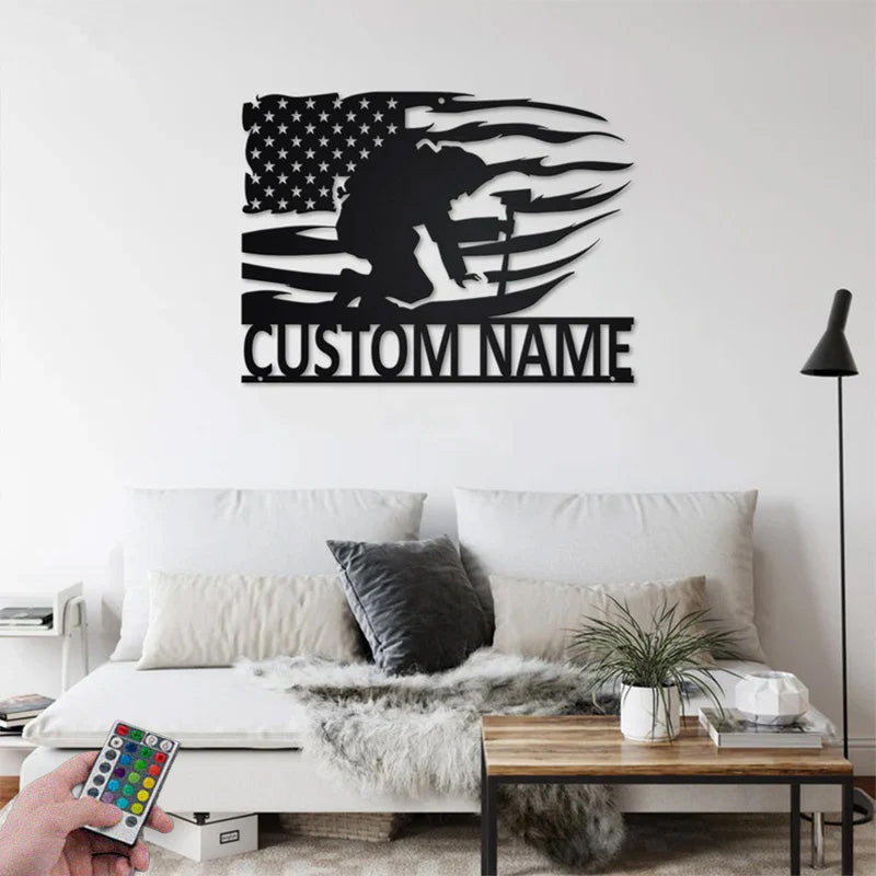 Personalized US Firefighter Kneeling Name Sign Decoration For Room Metal Wall Signs With RGB Led Light