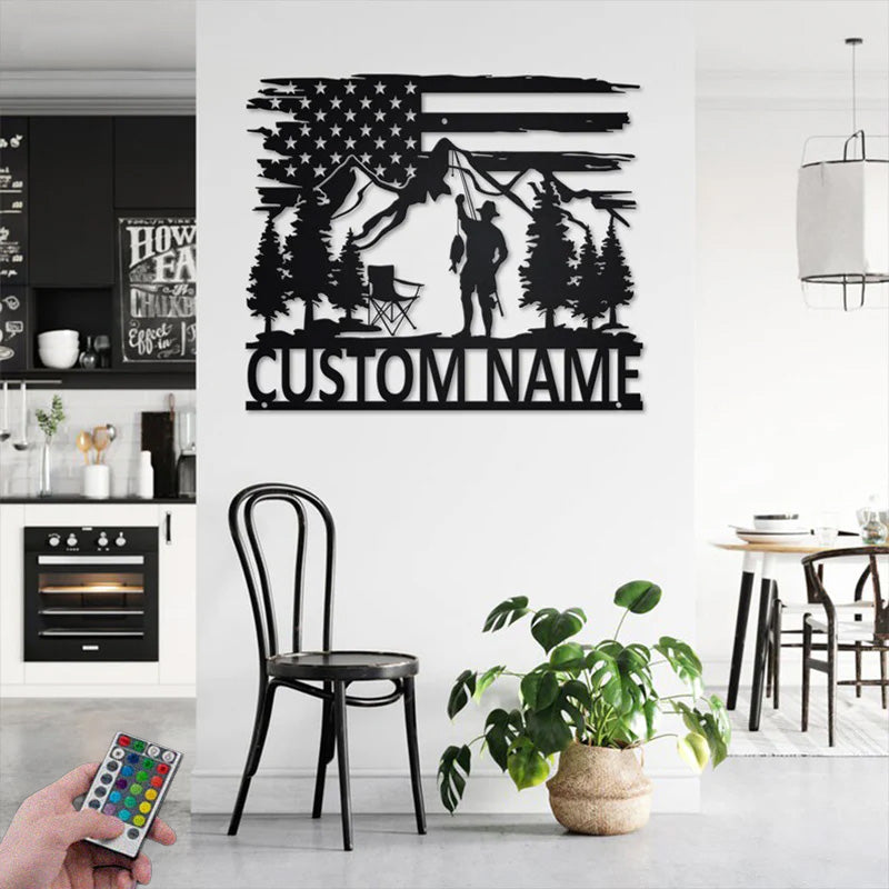 Personalized US Fisherman Metal Wall Signs With RGB Led Light