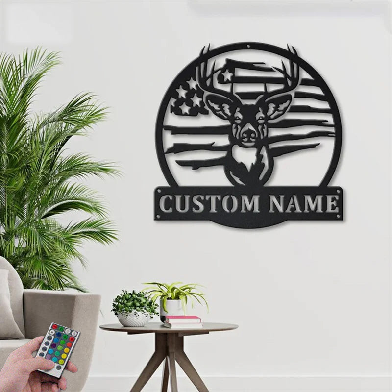 Personalized US Flag Deer Hunting Metal Wall Signs With RGB Led Light