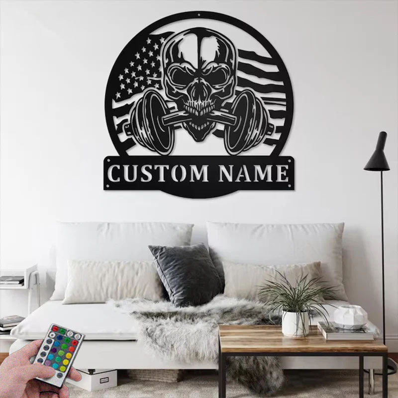 Personalized US Flag Skull Fitness Decoration For Room, Metal Wall Signs With RGB Led Light
