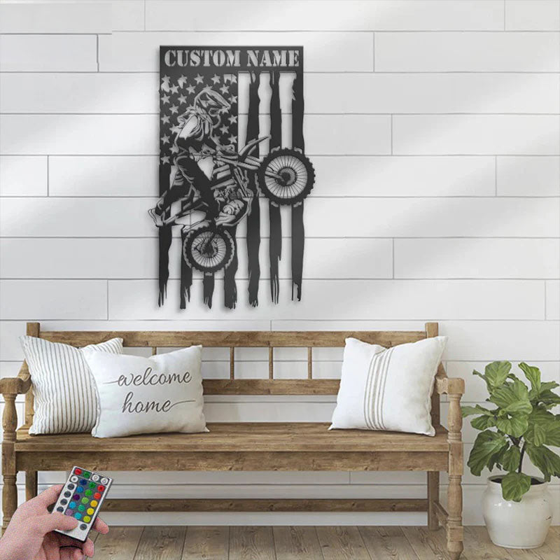 Personalized US Girl Motocross Biker, Metal Wall Signs With RGB Led Light