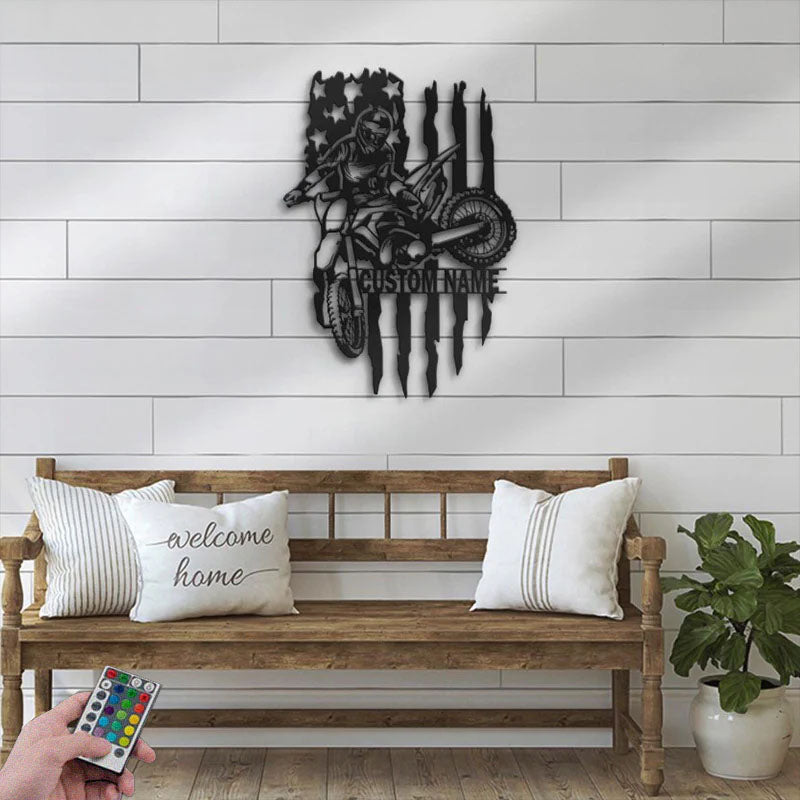 Personalized US Motocross Biker, Metal Wall Signs With RGB Led Light