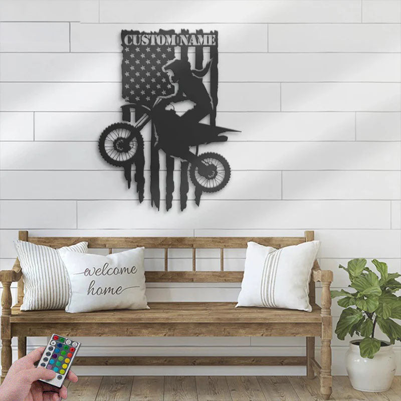 Personalized US Motocross Biker, Metal Wall Signs With RGB Led Light