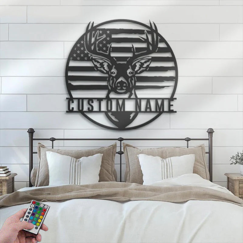 Personalized US Patriotic Deer Hunting Metal Wall Signs With RGB Led Light