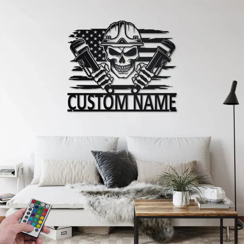 Personalized US Plumber Skull Metal Wall Signs With RGB Led Light