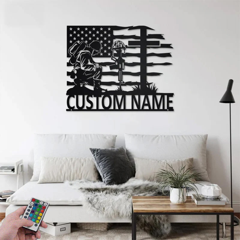 Personalized US Soldier Kneeling Metal Wall Signs With RGB Led Light
