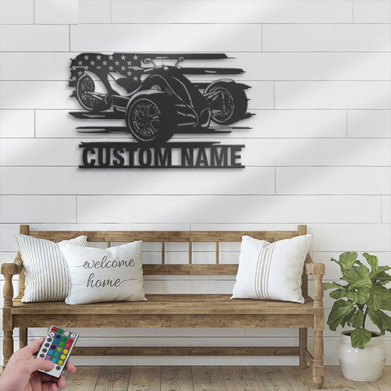 Personalized US Three Wheel Motorcycle, Metal Wall Signs With RGB Led Light