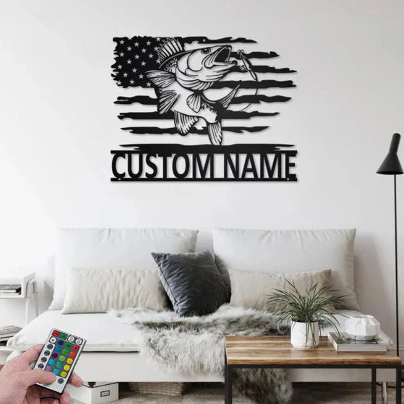Personalized US Walleye Fish Metal Wall Signs With RGB Led Light