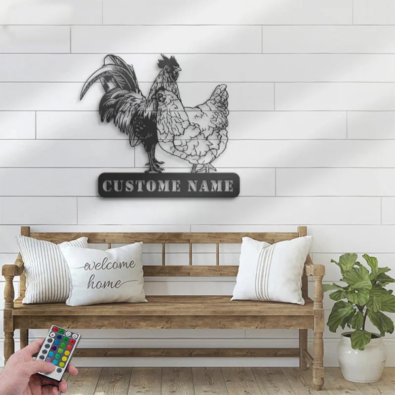Personalized Valentine Couple Chicken Love Farmhouse Metal Wall Signs With RGB Led Light