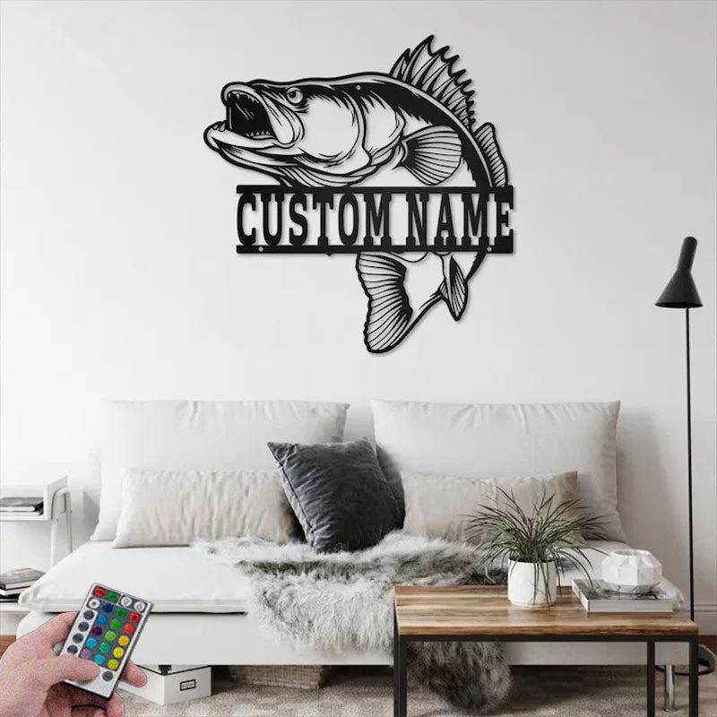 Personalized Walleye Fish Metal Wall Signs With RGB Led Light