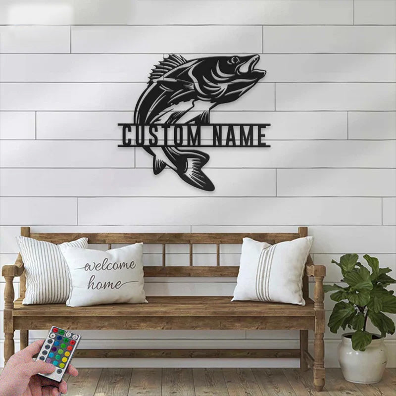 Personalized Walleye Fishing Metal Wall Signs With RGB Led Light