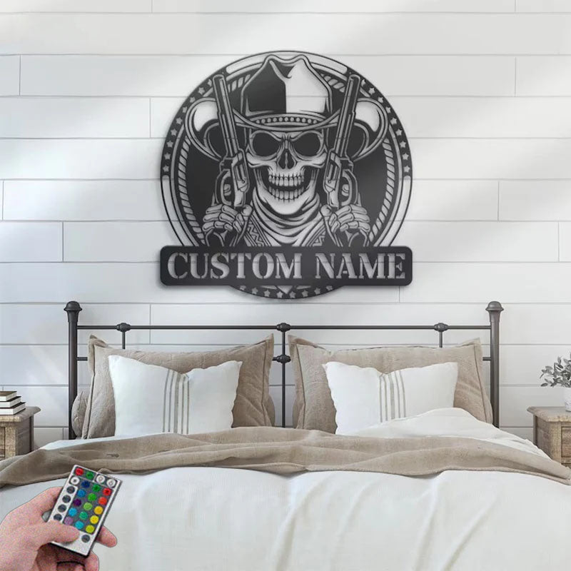 Personalized Western Cowboy Skull Hold Gun Metal Wall Signs With RGB Led Light