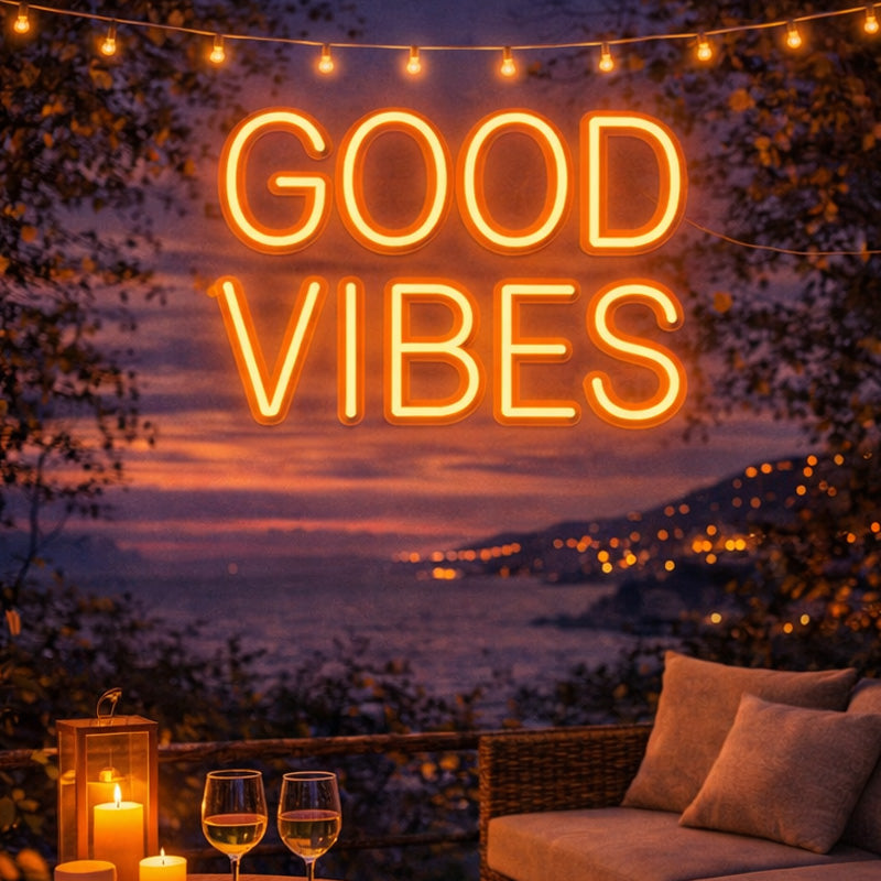 “Good Vibes” Warm LED Neon Sign – Mood Lighting Wall Decor