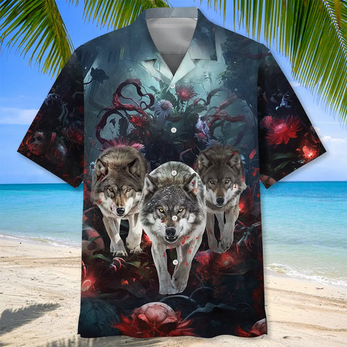 3 Wolves Hunting In Bloody Night Hawaiian Shirt