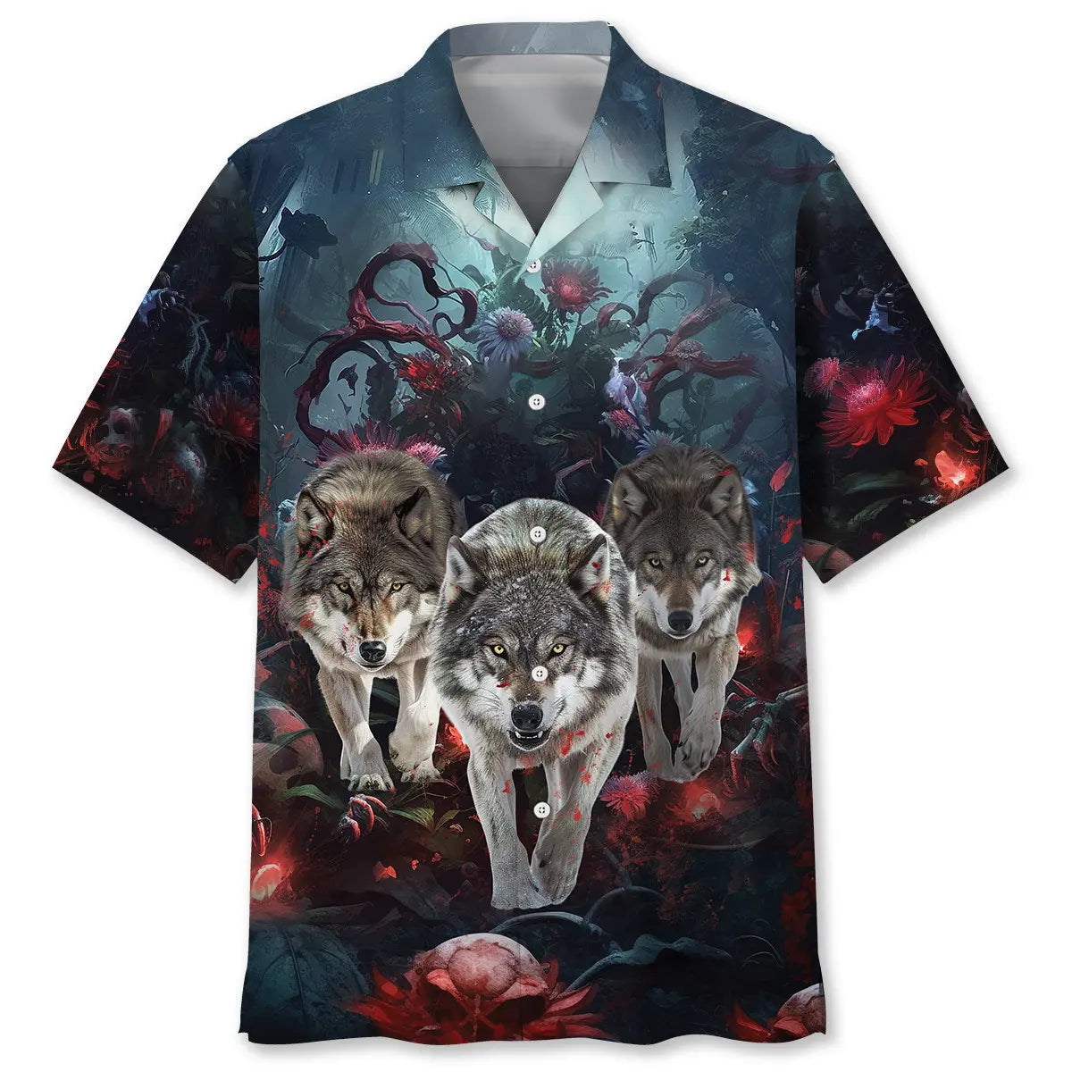 Hawaiian Shirt / Adults / S 3 Wolves Hunting In Bloody Night Hawaiian Shirt