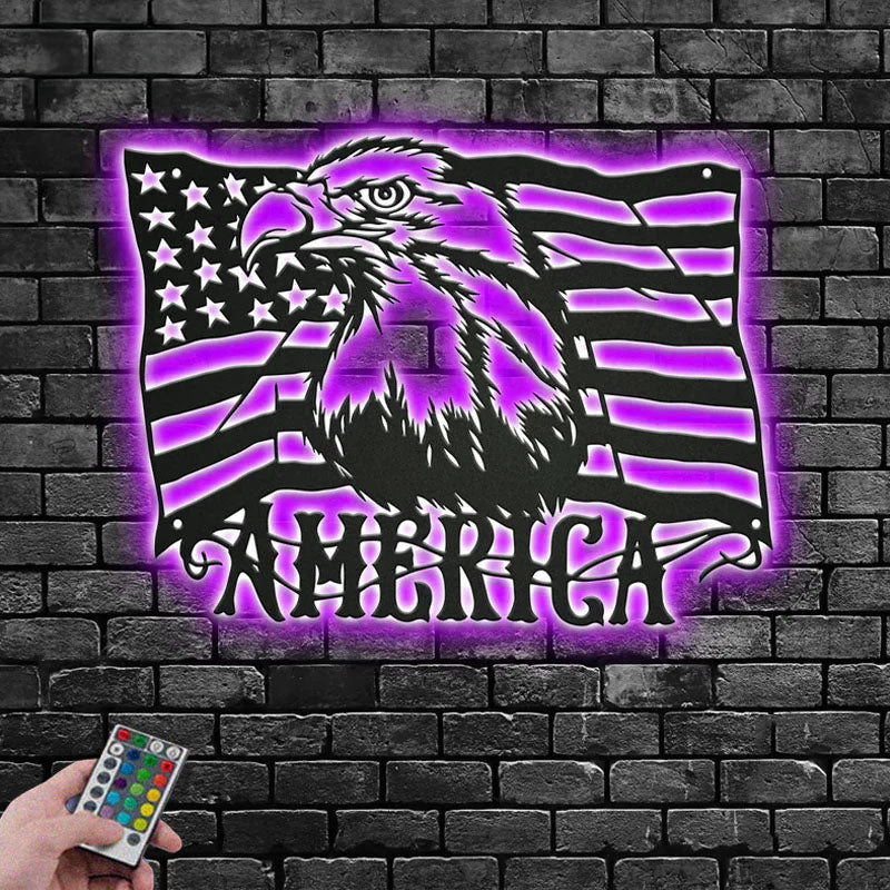 Custom Name American Eagle Flag Sign Decoration For Living Room, Metal Wall Signs With RGB Led Light