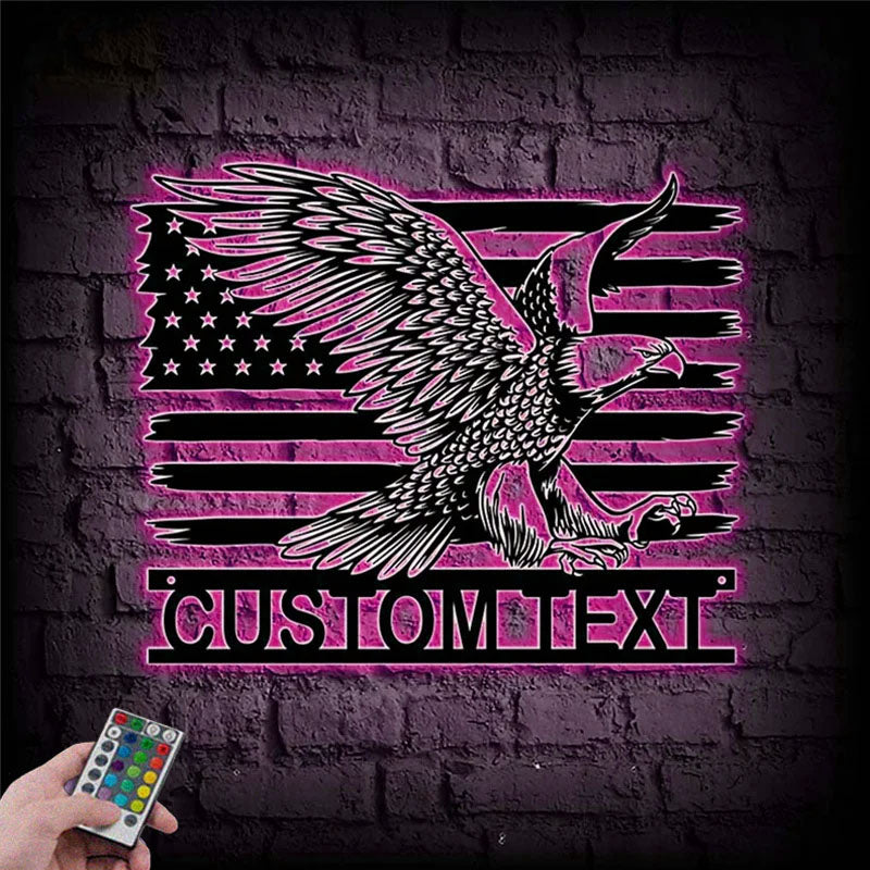 Custom Name American Flag Eagle Metal Wall Art, Metal Wall Signs With RGB Led Light