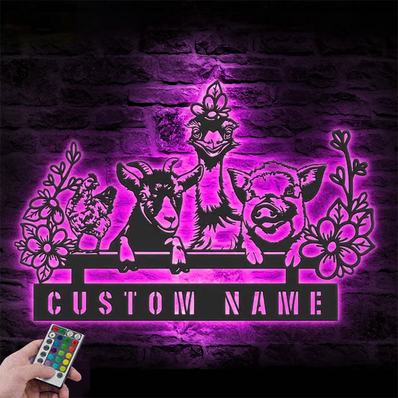 Custom Name Animal Livestock Name Sign Home Farm Barn, Metal Wall Signs With RGB Led Light