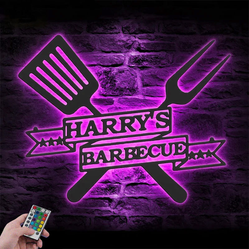 Custom Name Backyard BBQ Metal Wall Signs With RGB Led Light