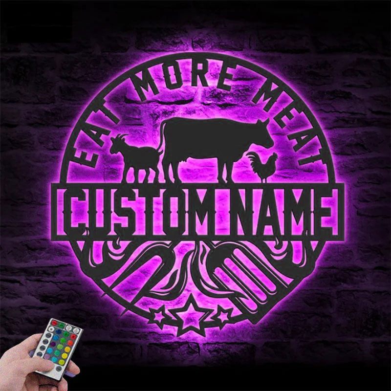 Custom Name Backyard BBQ Name Sign Home Decor Barbecue, Metal Wall Signs With RGB Led Light