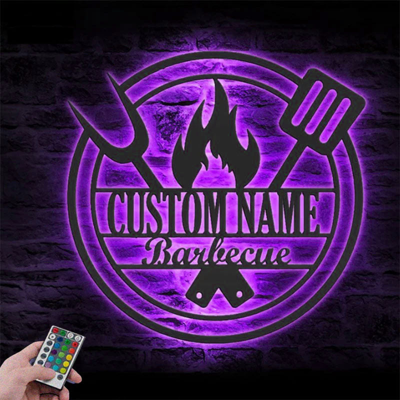 Custom Name Backyard BBQ Name Sign Home Decor Barbecue, Metal Wall Signs With RGB Led Light