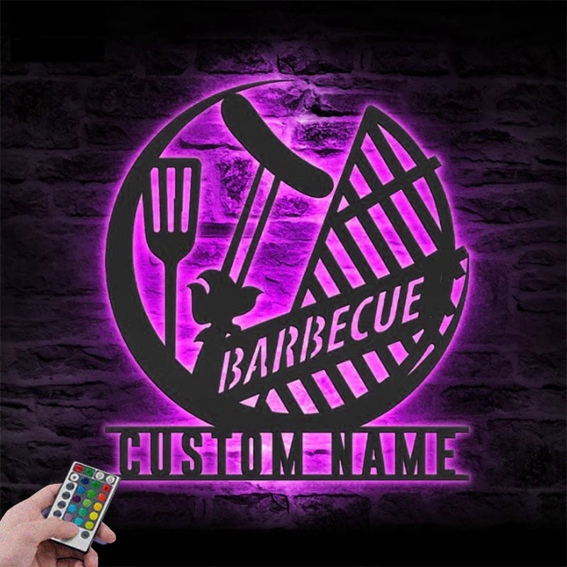 Custom Name Backyard BBQ Name Sign Home Decor Barbecue, Metal Wall Signs With RGB Led Light