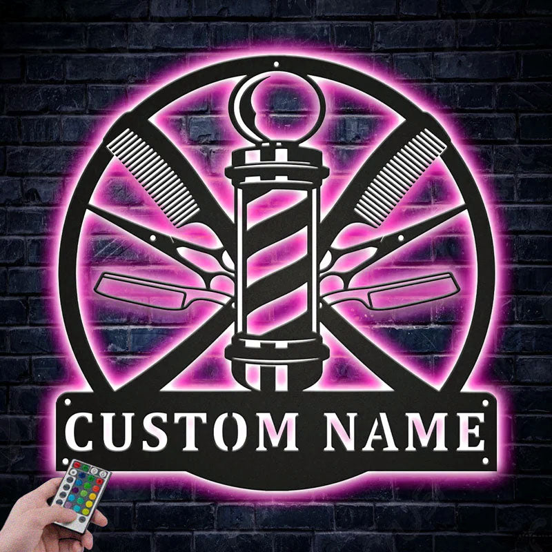 Custom Name Barber Hair Stylist, Metal Wall Signs With RGB Led Light