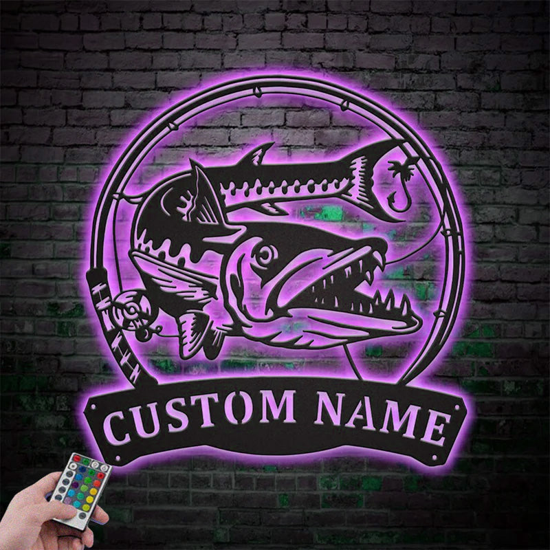 Custom Name Barracudas Fishing Fish Pole Metal Wall Signs With RGB Led Light