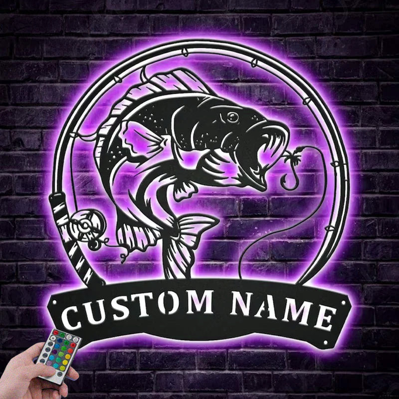 Custom Name Bass Fishing Metal Wall Signs With RGB Led Light