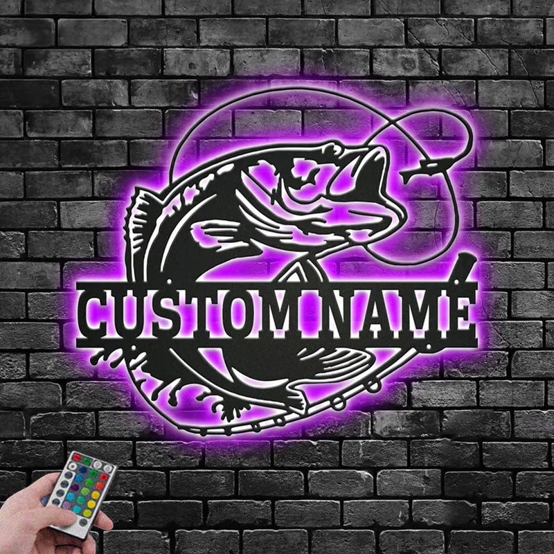 Custom Name Bass Fishing Name Sign Decoration For Room, Metal Wall Signs With RGB Led Light