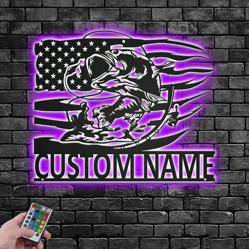 Custom Name Bass Fishing Name Sign Decoration For Room,Metal Wall Signs With RGB Led Light