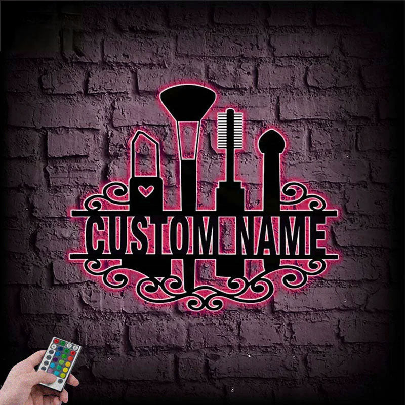 Custom Name Beauty Cosmetics And Makeup Salon, Metal Wall Signs With RGB Led Light