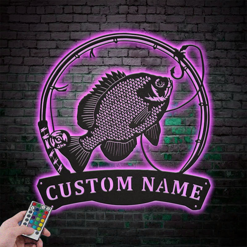 Custom Name Bluegill Fishing Fish Pole Metal Wall Signs With RGB Led Light