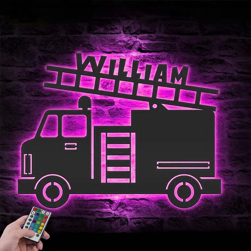 Custom Name Boy Vehicle Firetruck Name Sign Home Decor Metal Wall Signs With RGB Led Light