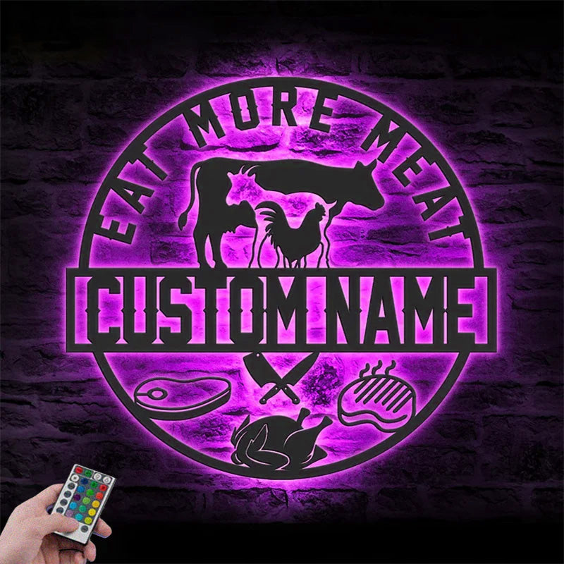 Custom Name Butcher Shop Metal Wall Signs With RGB Led Light