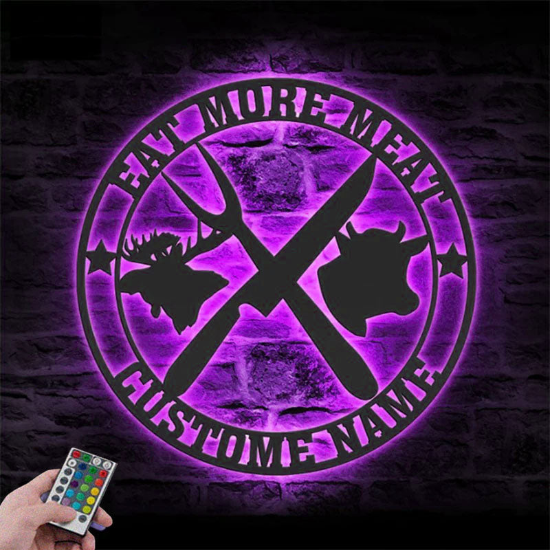 Custom Name Butcher Shop Name Sign Decor Barbecue BBQ, Metal Wall Signs With RGB Led Light