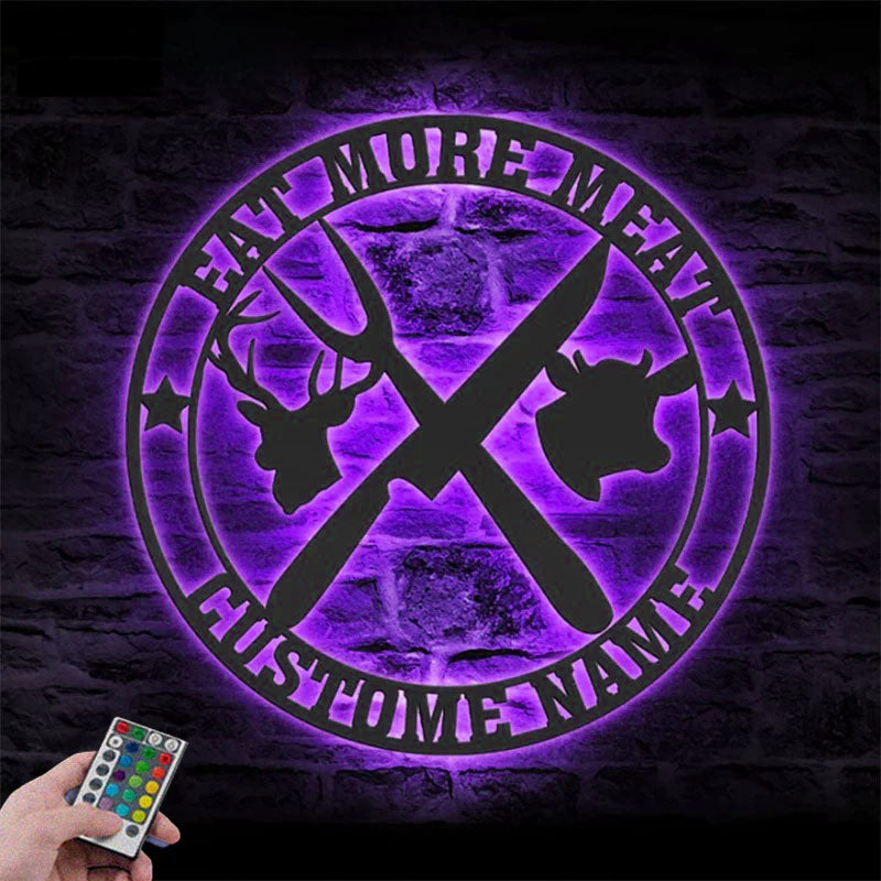 Custom Name Butcher Shop Name Sign Decor Barbecue, Metal Wall Signs With RGB Led Light