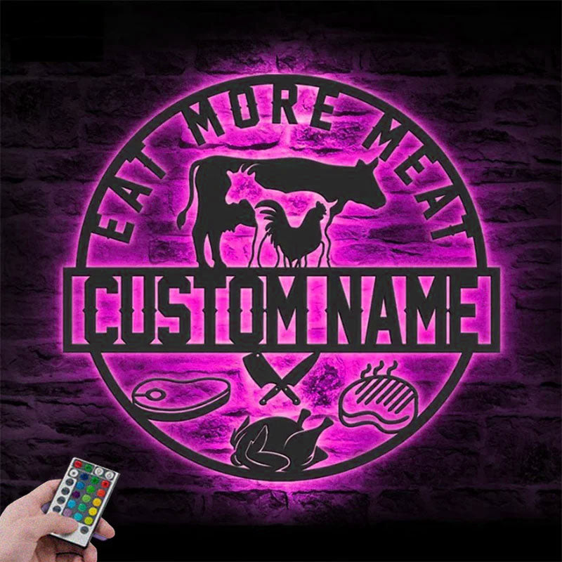 Custom Name Butcher Shop Name Sign Home Decor Barbecue, Metal Wall Signs With RGB Led Light