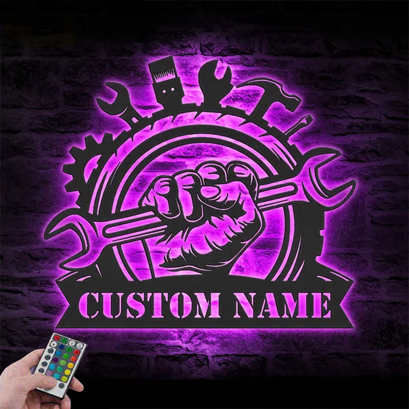 Custom Name Car Mechanic Handyman Name Sign Home Decor Metal Wall Signs With RGB Led Light