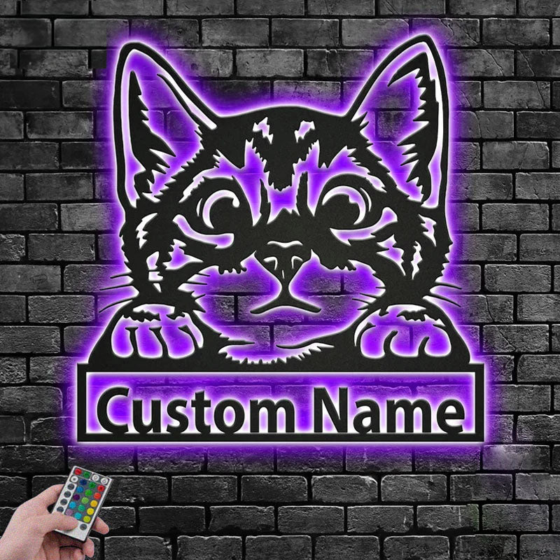 Custom Name Cat Name Sign Decoration For Room, Metal Wall Signs With RGB Led Light
