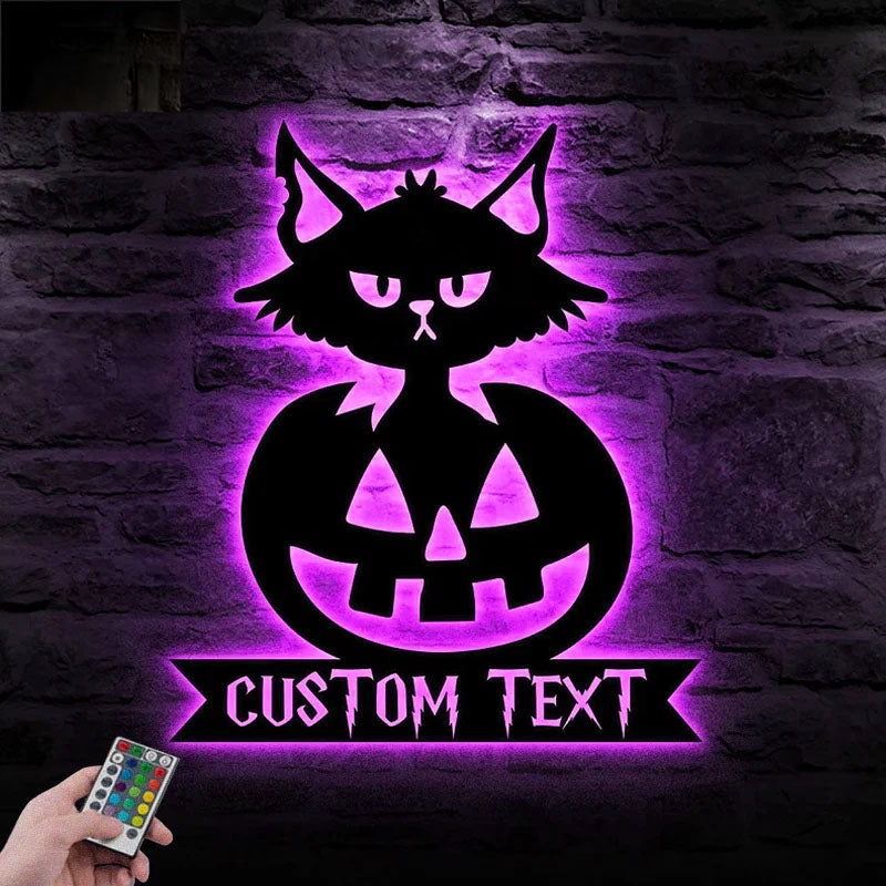 Custom Name Cat Pumkin, Metal Wall Signs With RGB Led Light